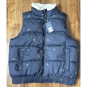 Universal Thread Puffer Vest Blue Floral Large Faux Sherpa Collar New NWT